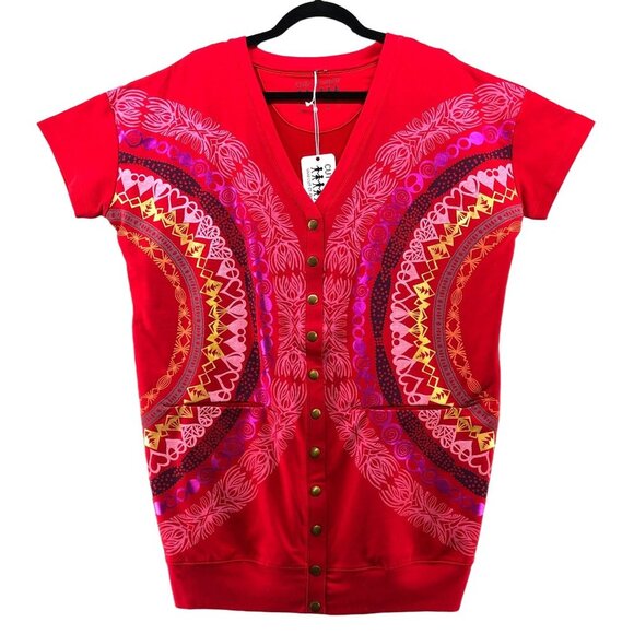 NWT Cut It Out Womens S Heart Print Boho Cotton Stretch Short Sleeve Cardigan - Picture 1 of 12